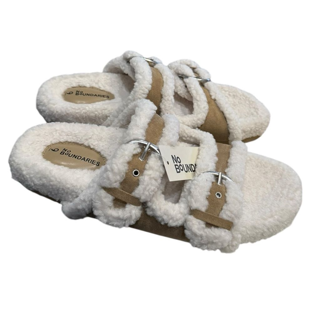New No Boundaries Women's Cozy Double Buckle Sherpa Sandals 9